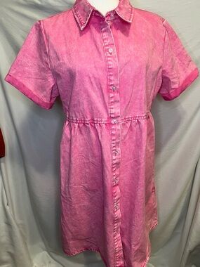 Pink Button-Front Denim Shirt Dress